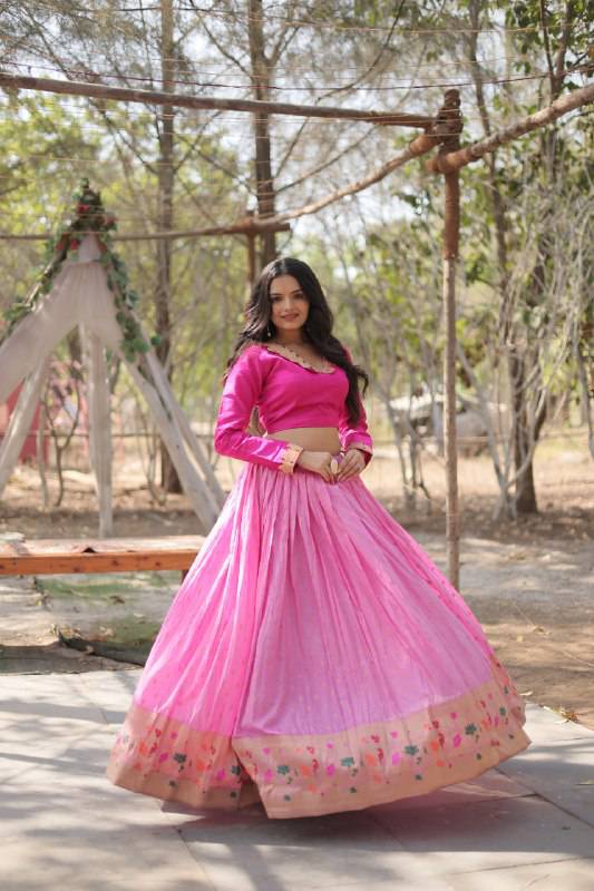Chic Viscose Jacquard Zari Border Worked Fully Stitched Lehenga Choli - Ethnicwish