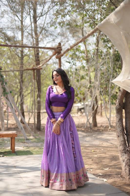 Chic Viscose Jacquard Zari Border Worked Fully Stitched Lehenga Choli - Ethnicwish