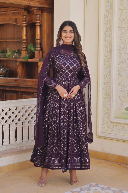 Bewitching Faux Georgette Heavy Sequins Worked Designer Gown - Ethnicwish
