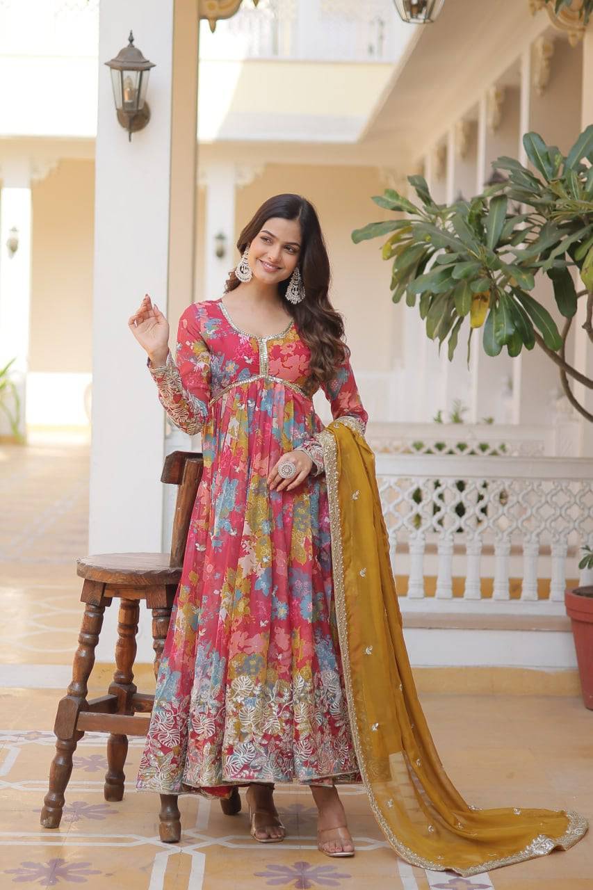 Ravishing Russian Silk Zari Sequins Worked Gown With Dupatta - Ethnicwish