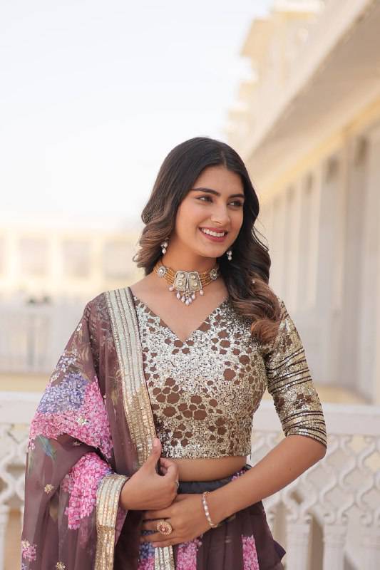 Heavenly Russian Silk Floral Sequins Embroidered Lehenga Choli - Ethnicwish