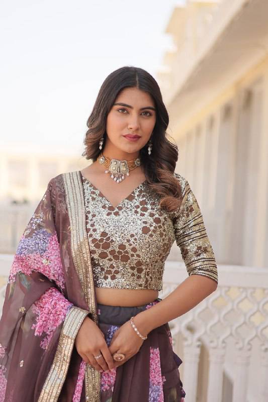 Heavenly Russian Silk Floral Sequins Embroidered Lehenga Choli - Ethnicwish