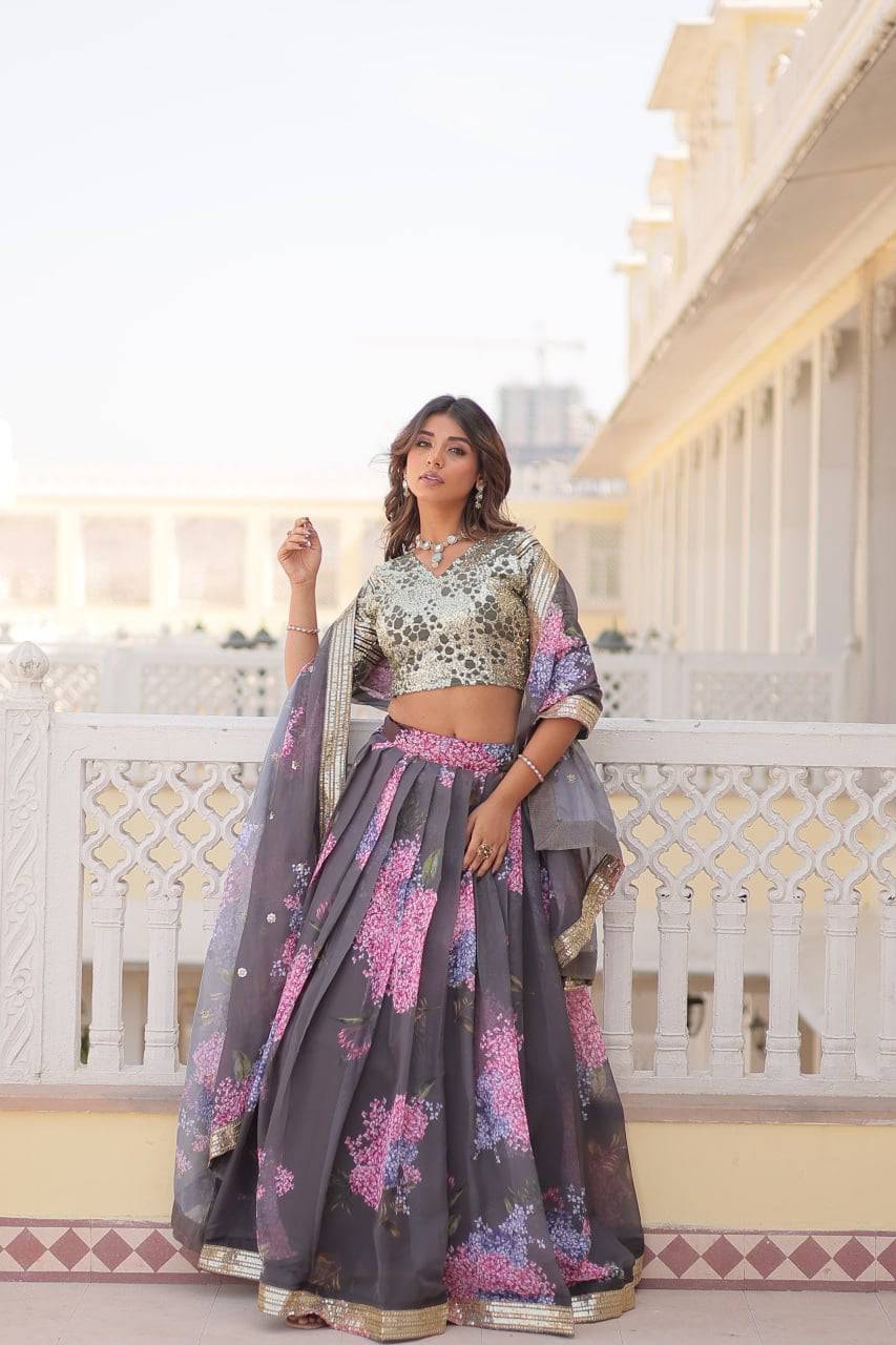 Heavenly Russian Silk Floral Sequins Embroidered Lehenga Choli - Ethnicwish