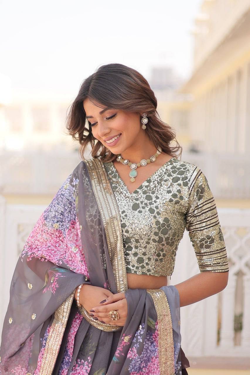 Heavenly Russian Silk Floral Sequins Embroidered Lehenga Choli - Ethnicwish