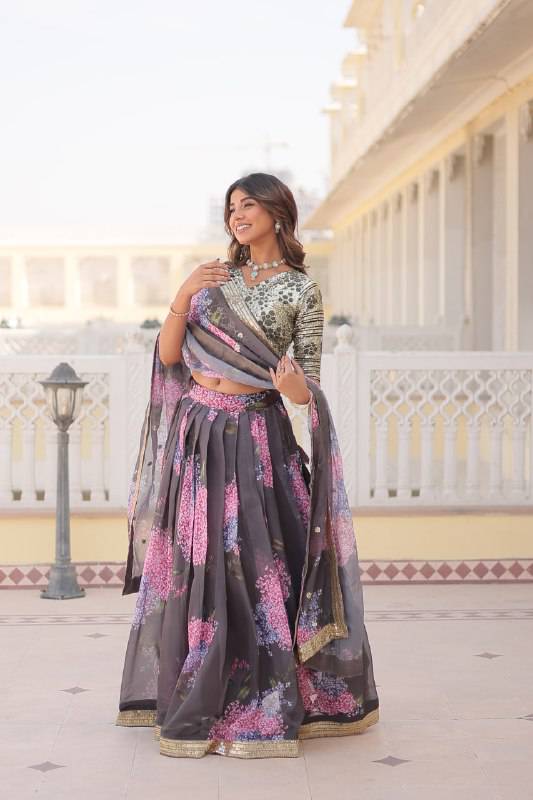 Heavenly Russian Silk Floral Sequins Embroidered Lehenga Choli - Ethnicwish