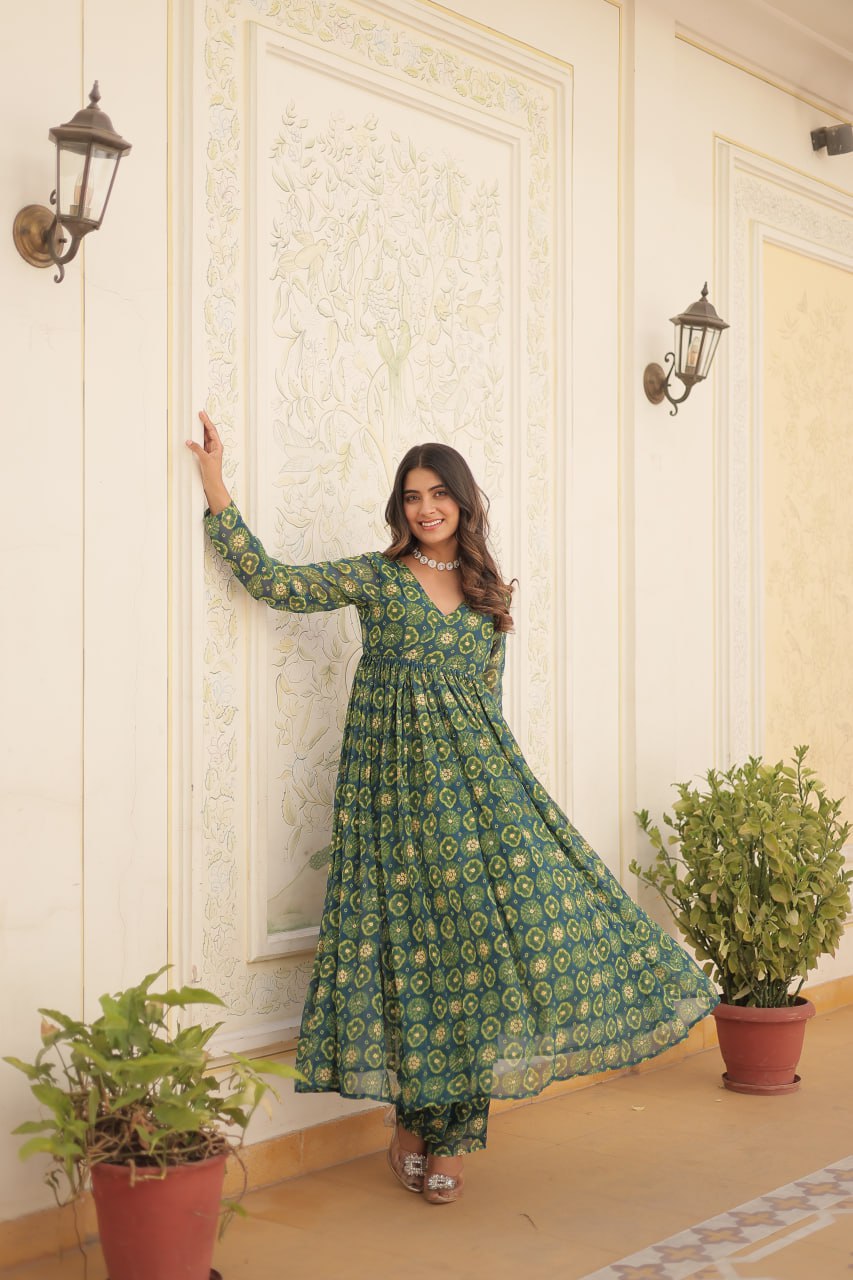 Dashing Faux Georgette Foil Printed Fully Stitched Top Pant Suit - Ethnicwish