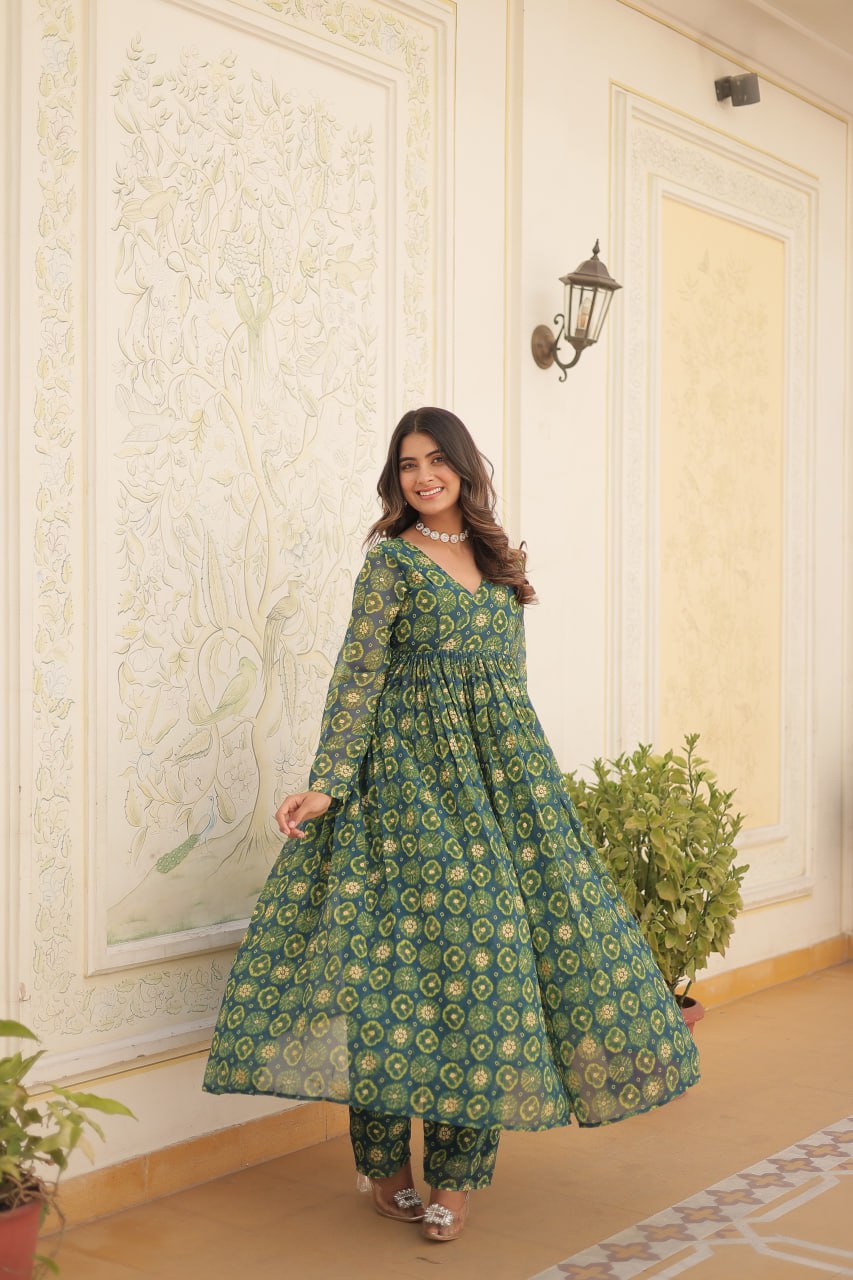 Dashing Faux Georgette Foil Printed Fully Stitched Top Pant Suit - Ethnicwish