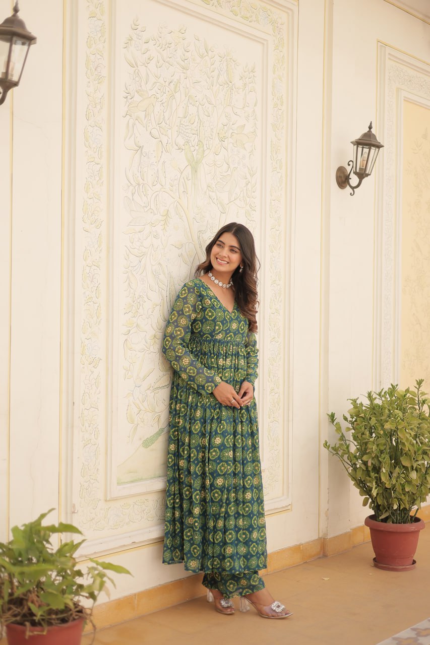 Dashing Faux Georgette Foil Printed Fully Stitched Top Pant Suit - Ethnicwish