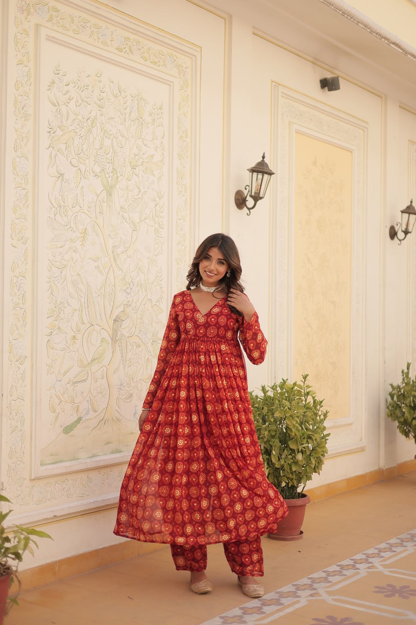 Dashing Faux Georgette Foil Printed Fully Stitched Top Pant Suit - Ethnicwish