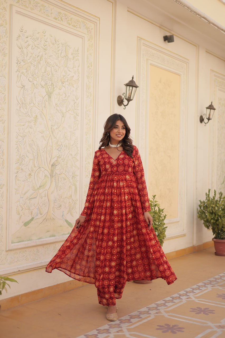 Dashing Faux Georgette Foil Printed Fully Stitched Top Pant Suit - Ethnicwish