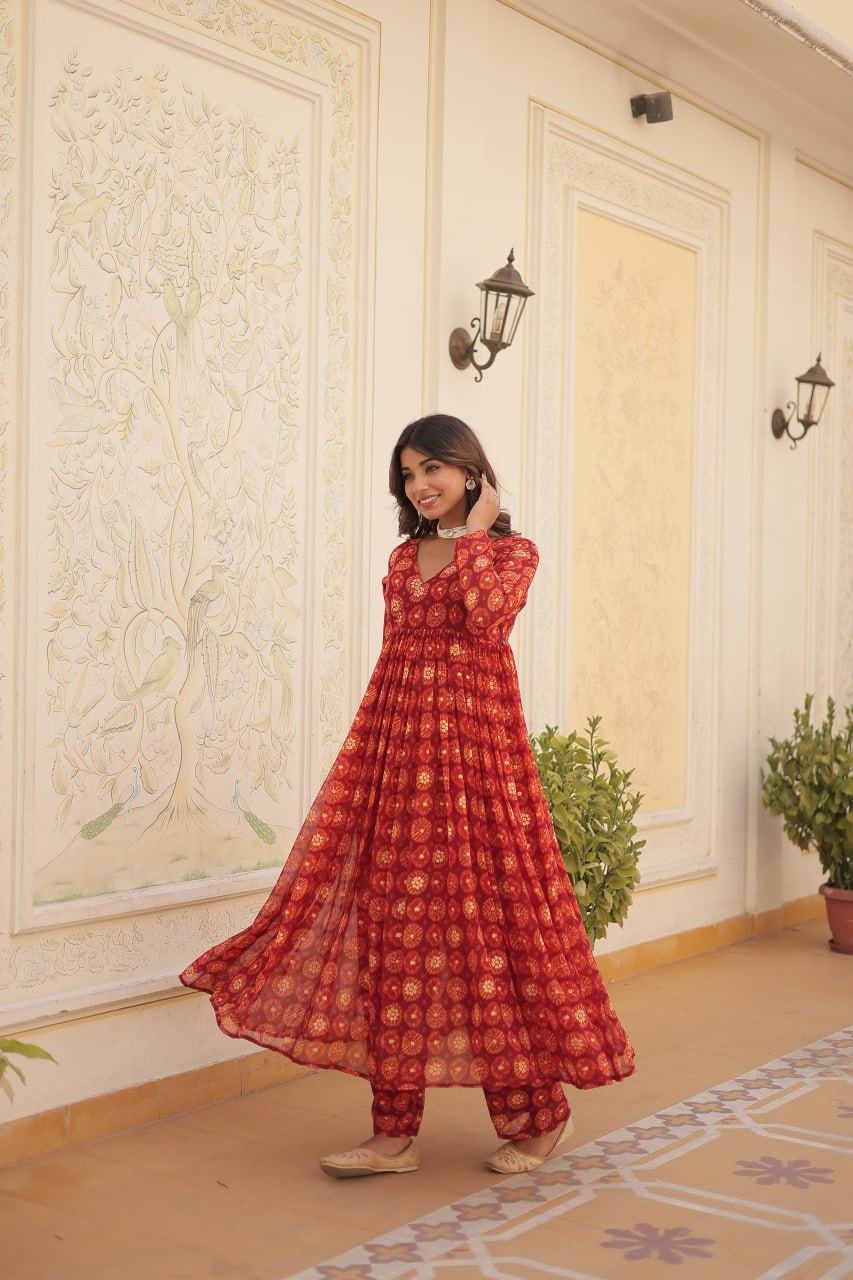 Dashing Faux Georgette Foil Printed Fully Stitched Top Pant Suit - Ethnicwish