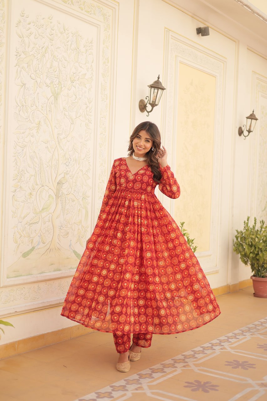 Dashing Faux Georgette Foil Printed Fully Stitched Top Pant Suit - Ethnicwish