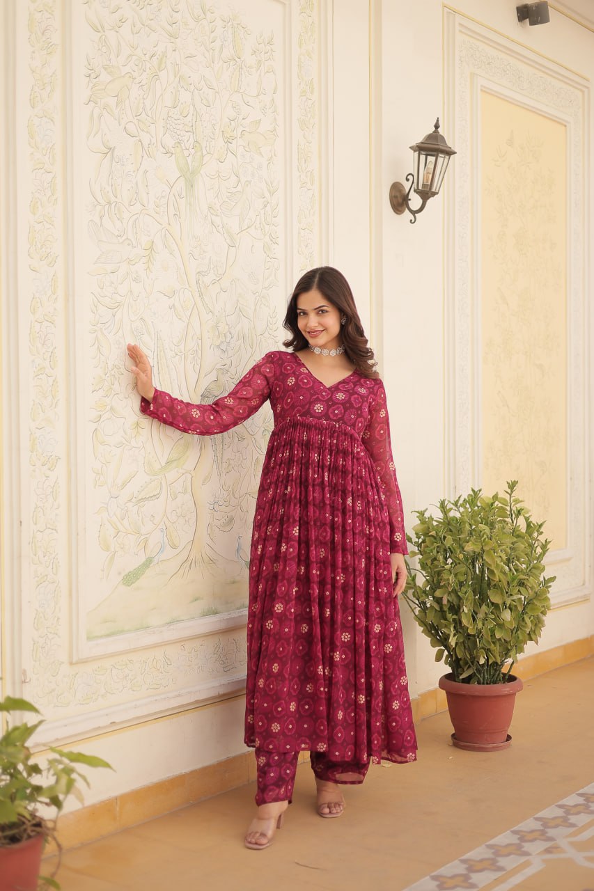 Dashing Faux Georgette Foil Printed Fully Stitched Top Pant Suit - Ethnicwish