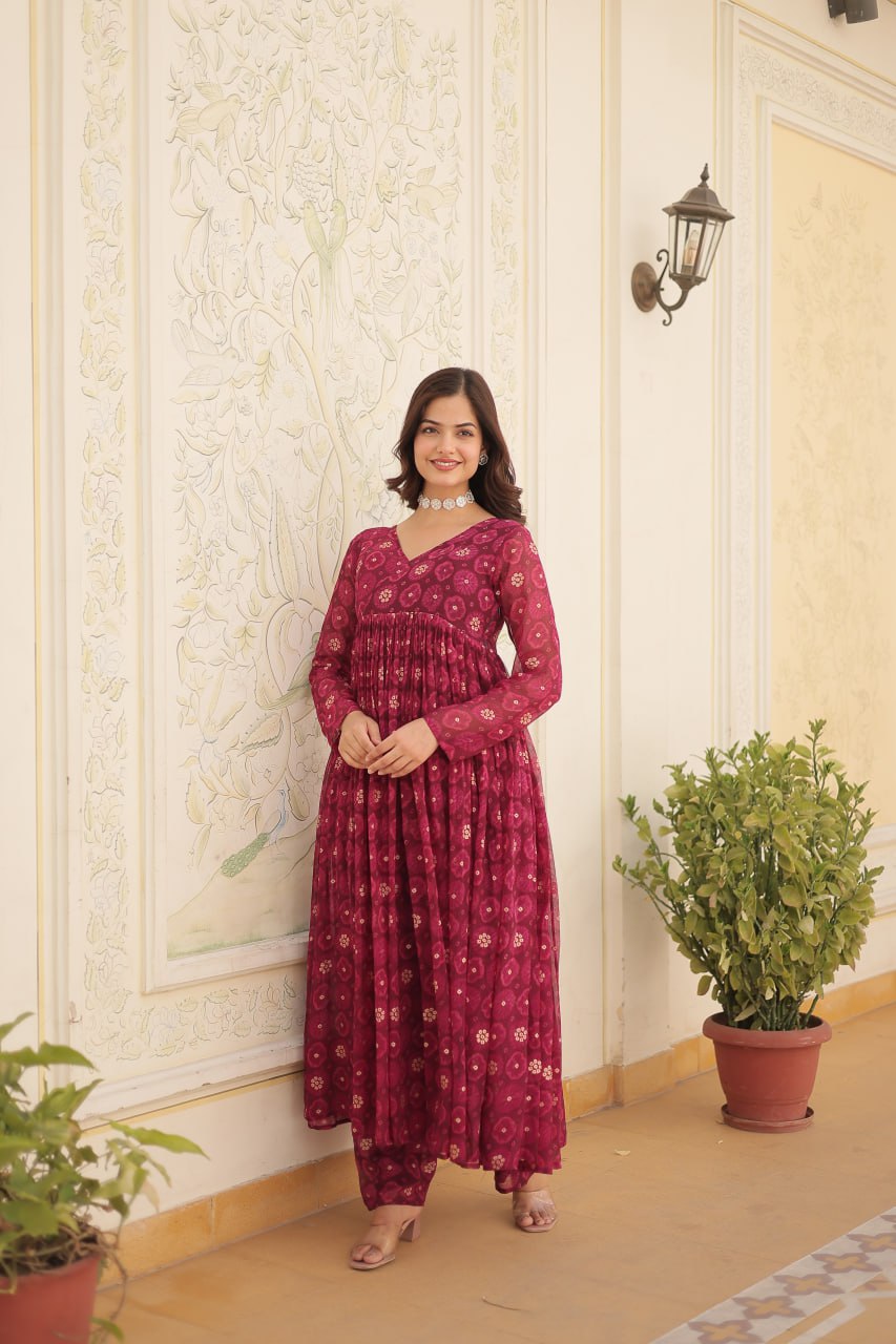 Dashing Faux Georgette Foil Printed Fully Stitched Top Pant Suit - Ethnicwish