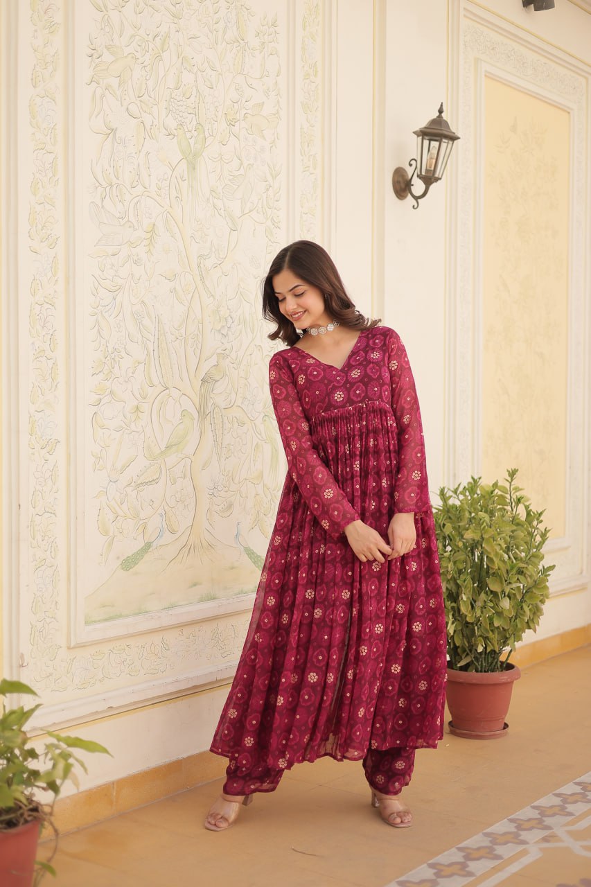 Dashing Faux Georgette Foil Printed Fully Stitched Top Pant Suit - Ethnicwish