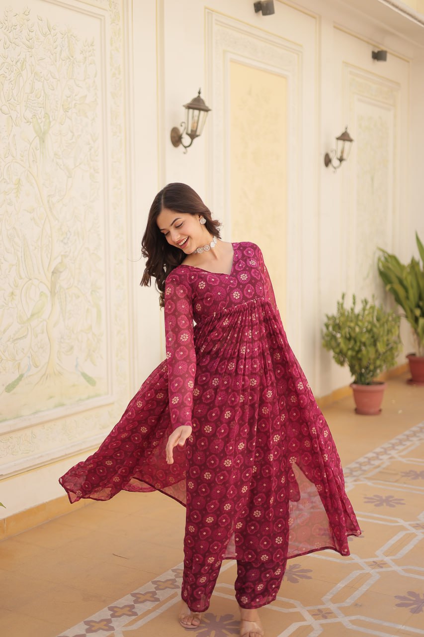 Dashing Faux Georgette Foil Printed Fully Stitched Top Pant Suit - Ethnicwish