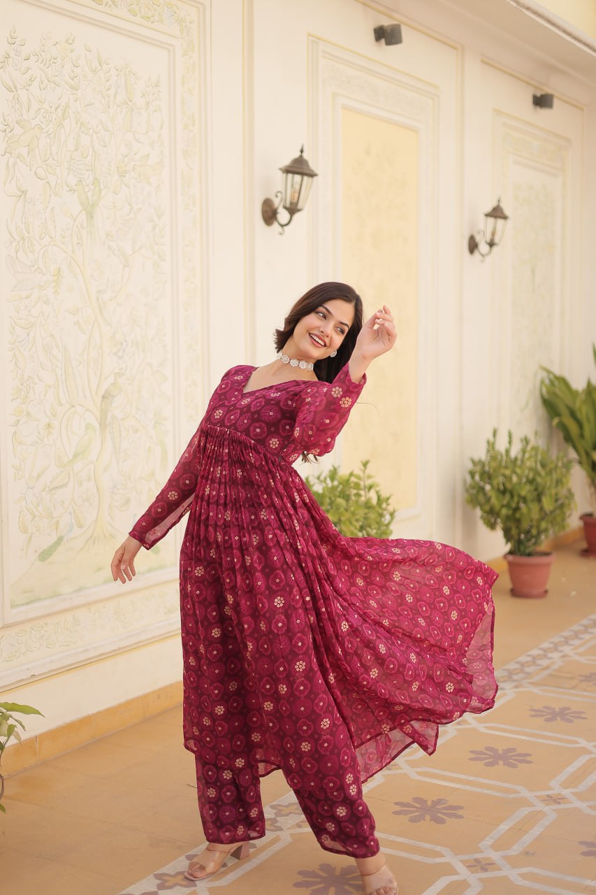 Dashing Faux Georgette Foil Printed Fully Stitched Top Pant Suit - Ethnicwish