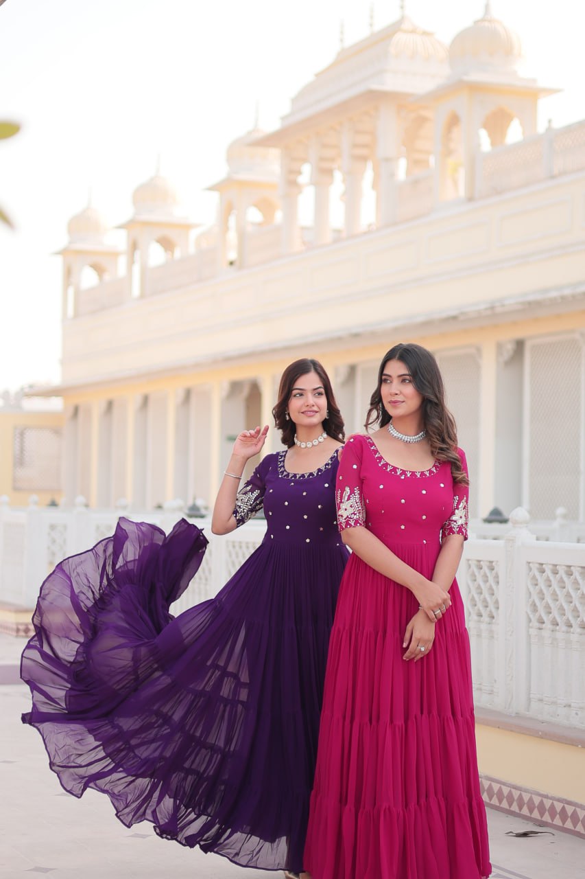 Beguiling Faux Georgette Zari Sequins Worked Designer Gown - Ethnicwish