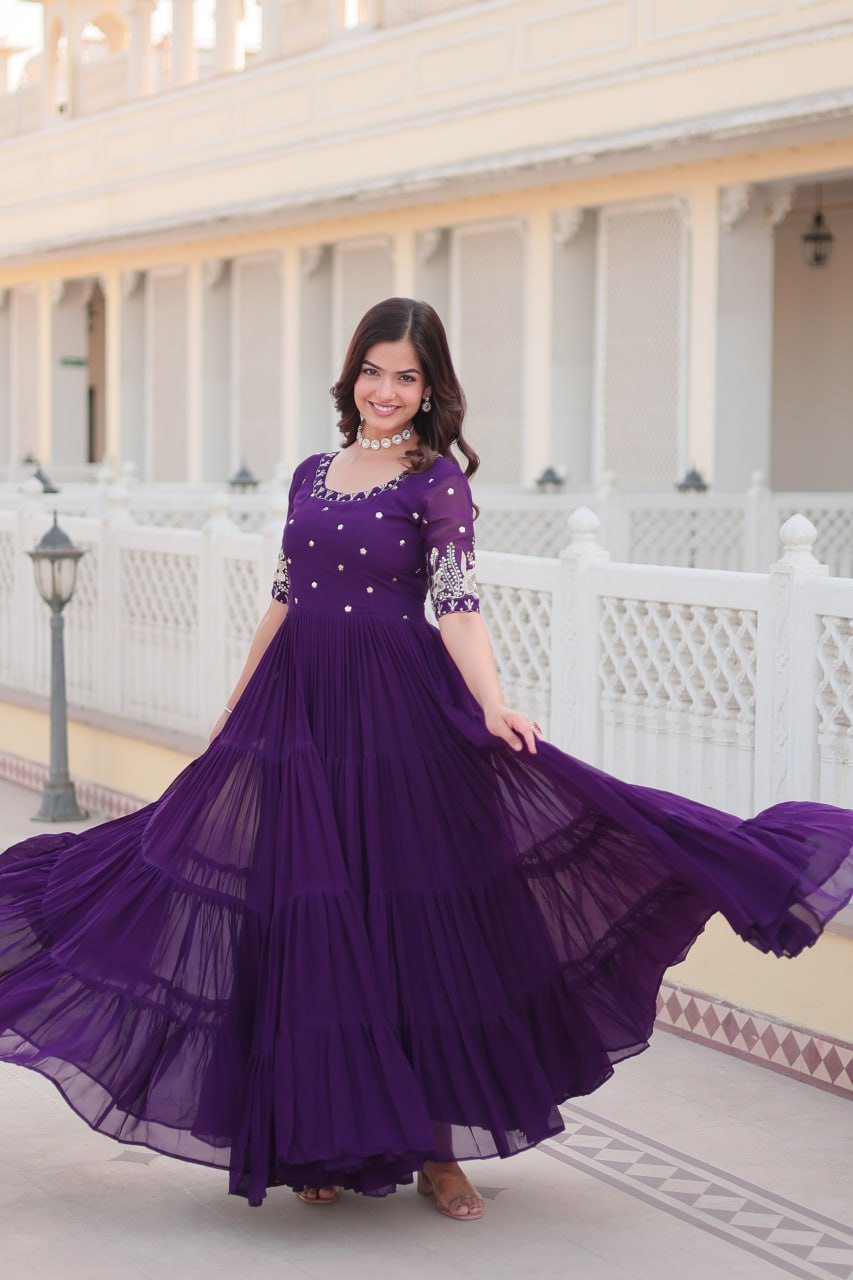 Beguiling Faux Georgette Zari Sequins Worked Designer Gown - Ethnicwish