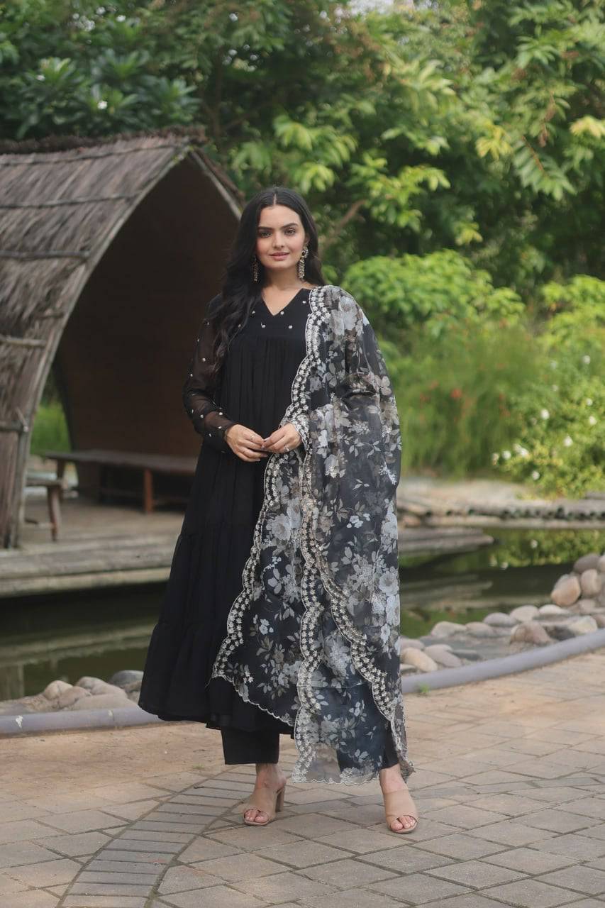 Lighthearted Faux Georgette Butti Worked Anarkali Pant Suit - Ethnicwish