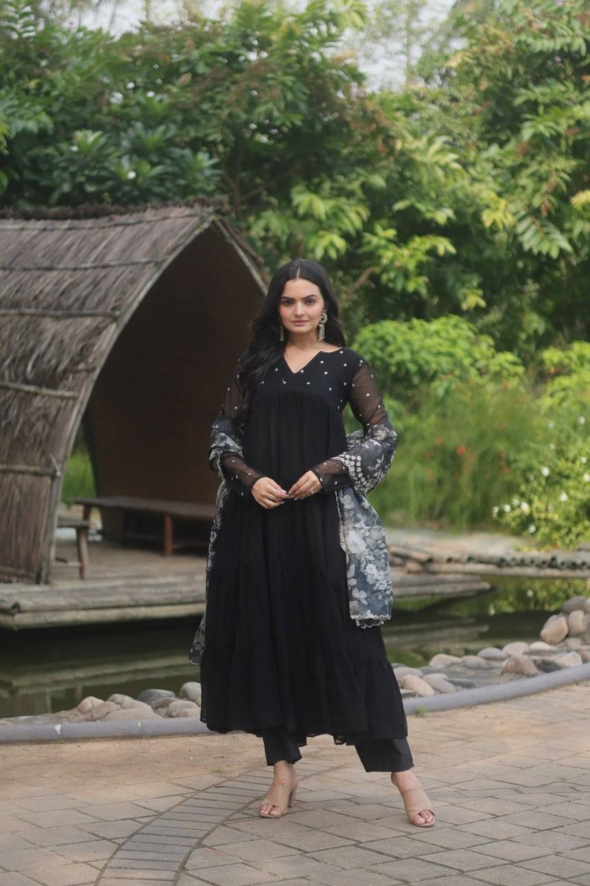 Lighthearted Faux Georgette Butti Worked Anarkali Pant Suit - Ethnicwish