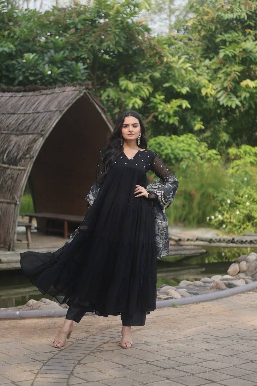 Lighthearted Faux Georgette Butti Worked Anarkali Pant Suit - Ethnicwish