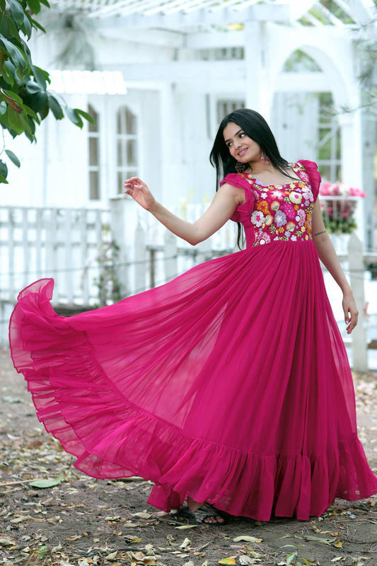 Gentle Faux Georgette Sequins Embroidered Fully Stitched Gown - Ethnicwish