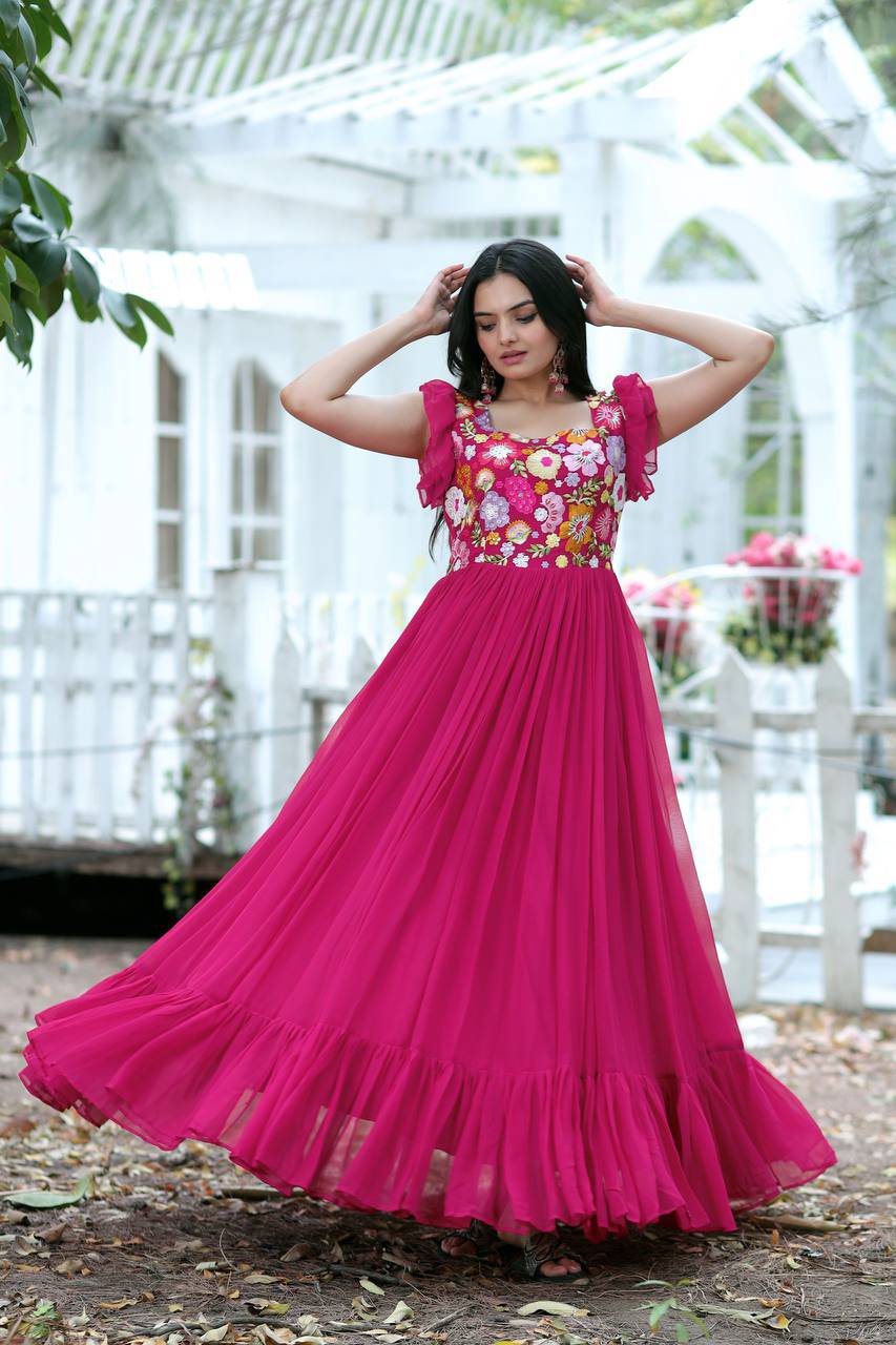Gentle Faux Georgette Sequins Embroidered Fully Stitched Gown - Ethnicwish