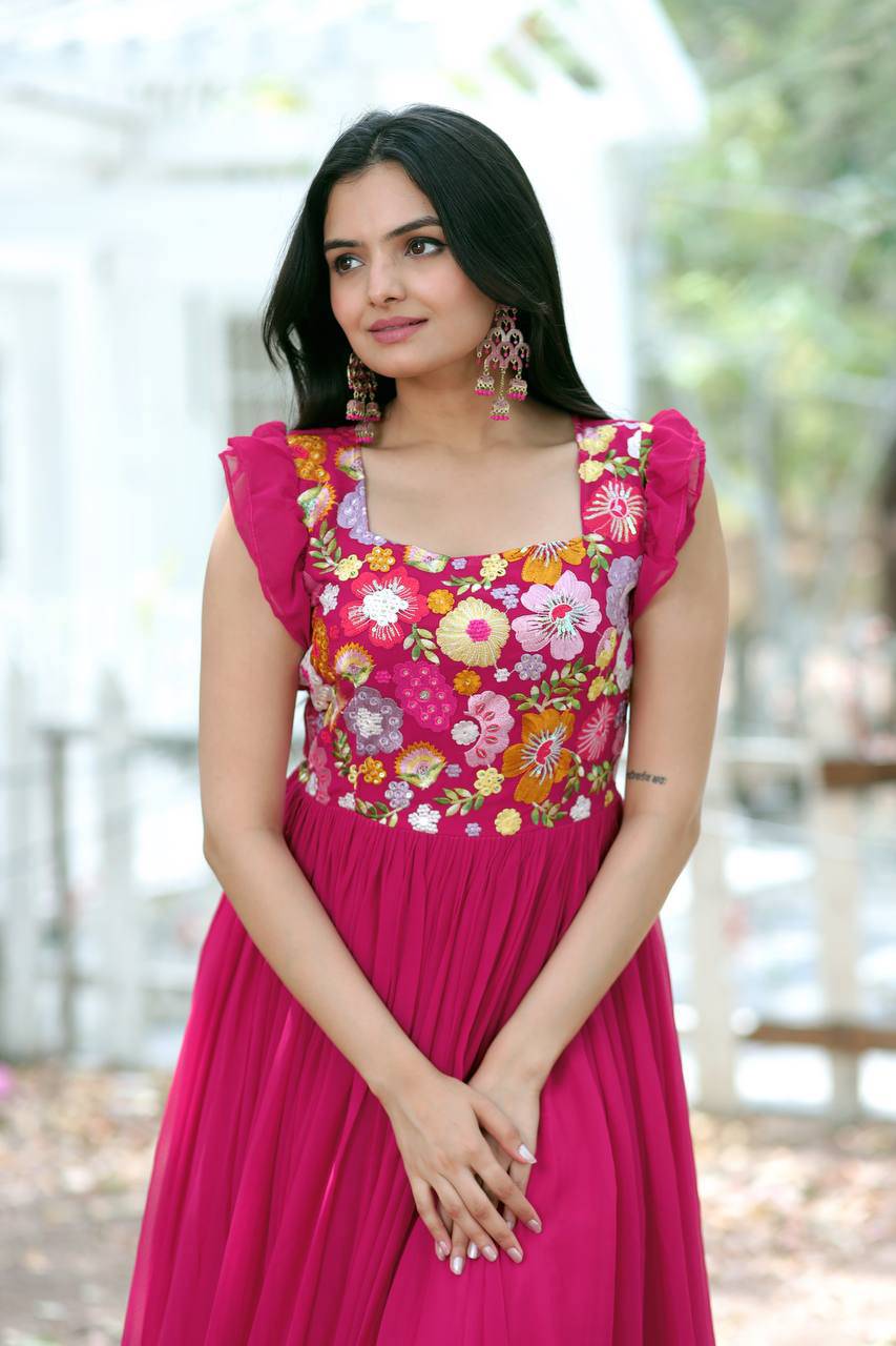 Gentle Faux Georgette Sequins Embroidered Fully Stitched Gown - Ethnicwish