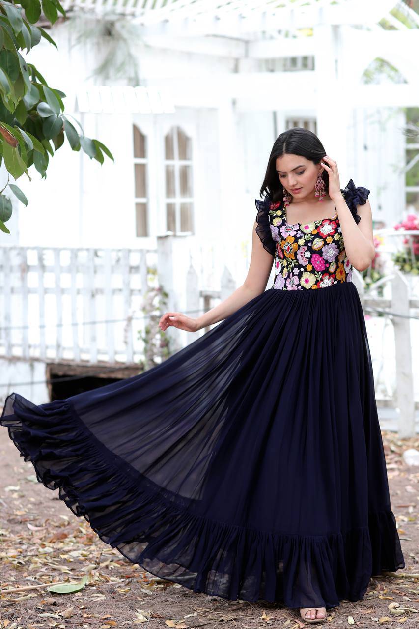 Gentle Faux Georgette Sequins Embroidered Fully Stitched Gown - Ethnicwish