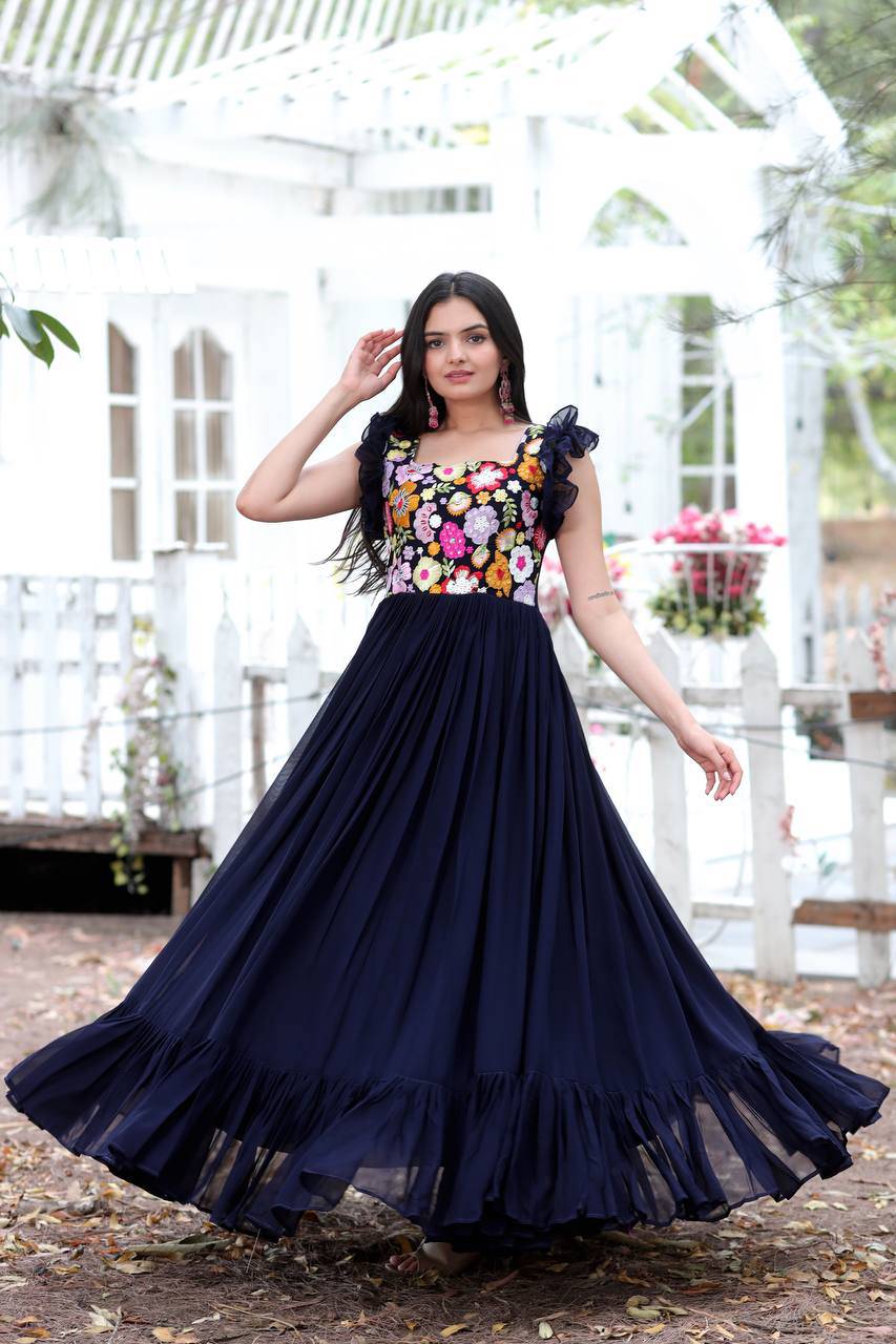 Gentle Faux Georgette Sequins Embroidered Fully Stitched Gown - Ethnicwish