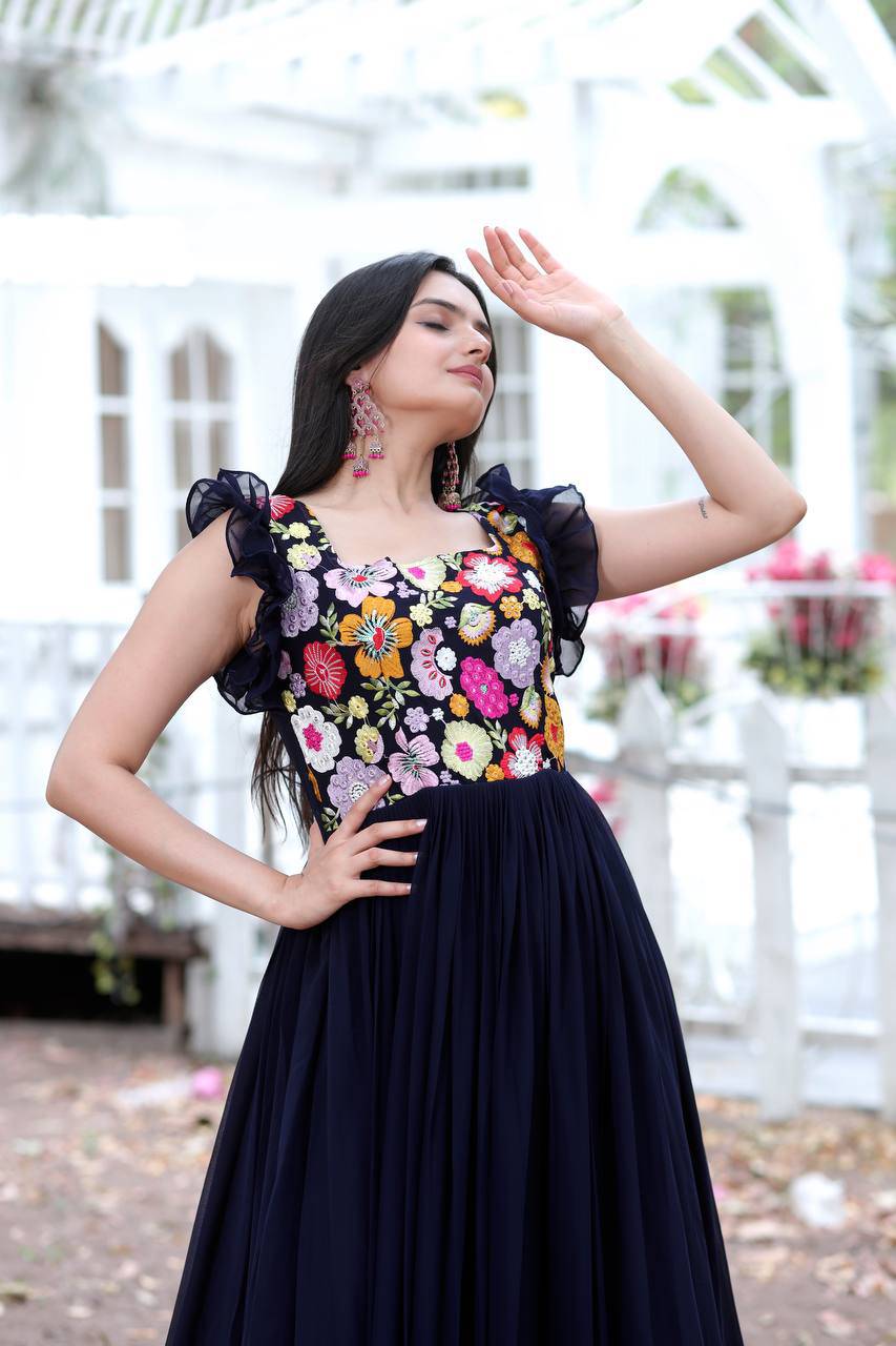 Gentle Faux Georgette Sequins Embroidered Fully Stitched Gown - Ethnicwish