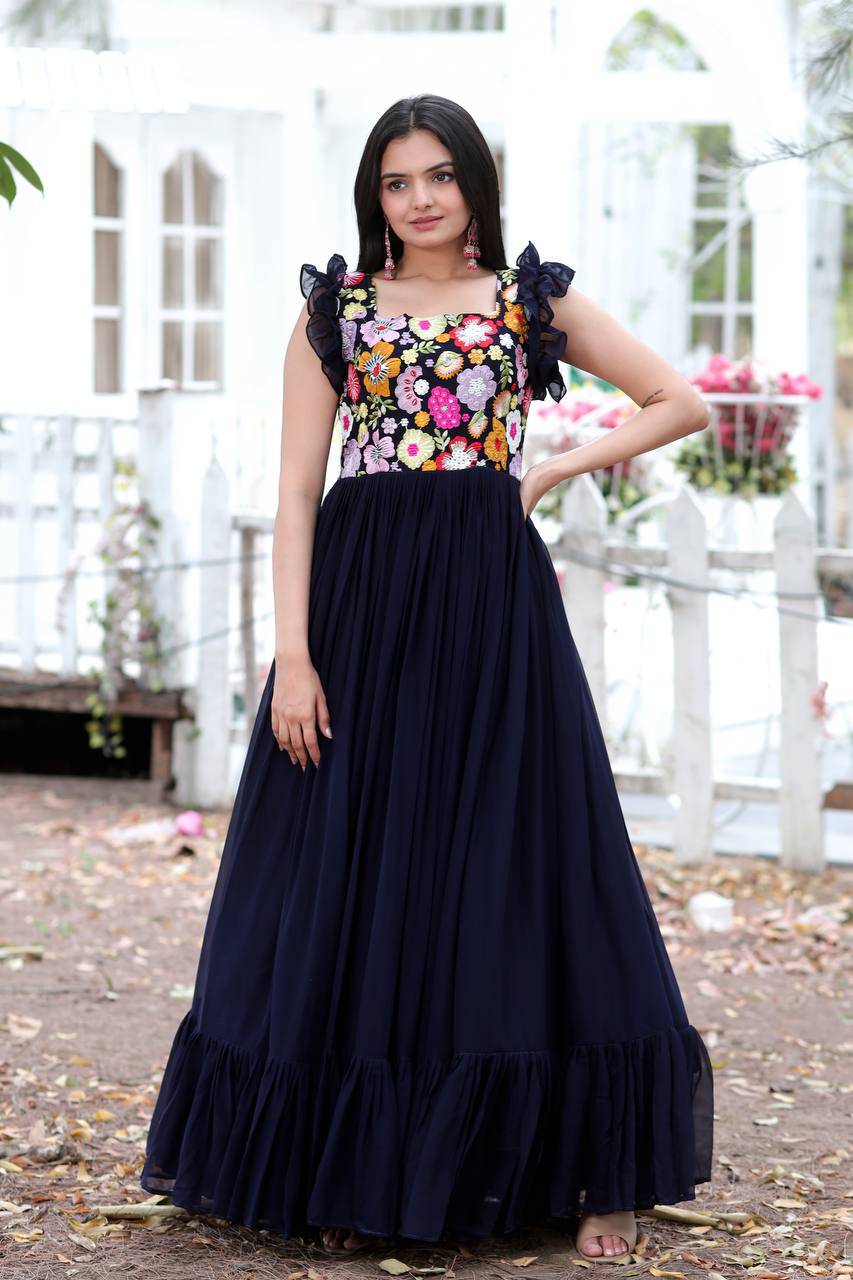 Gentle Faux Georgette Sequins Embroidered Fully Stitched Gown - Ethnicwish