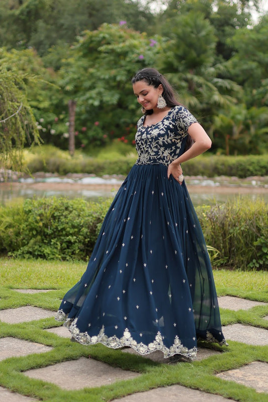 Breathtaking Rama Faux Georgette Cording Sequins Worked Gown - Ethnicwish