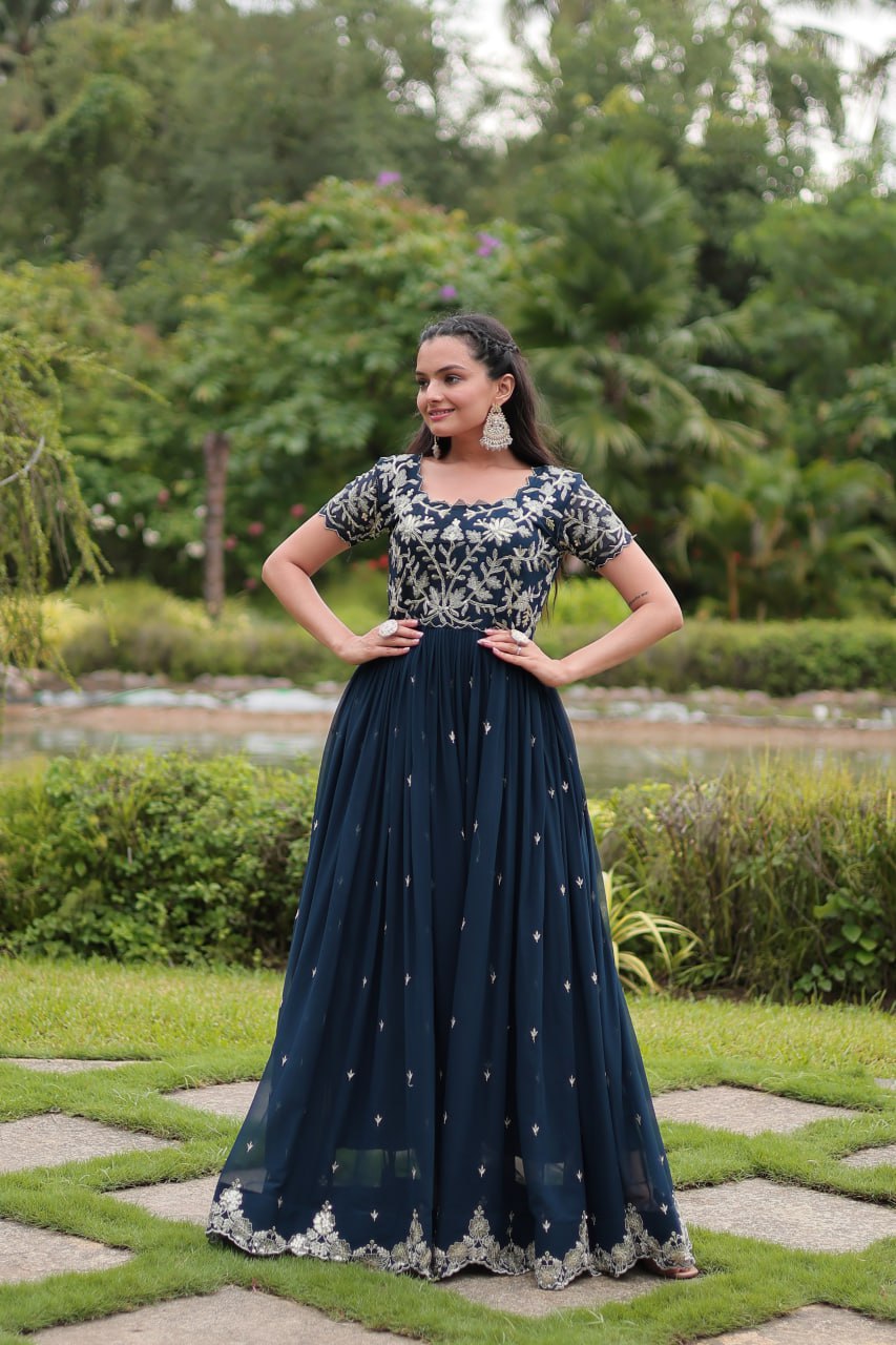 Breathtaking Rama Faux Georgette Cording Sequins Worked Gown - Ethnicwish