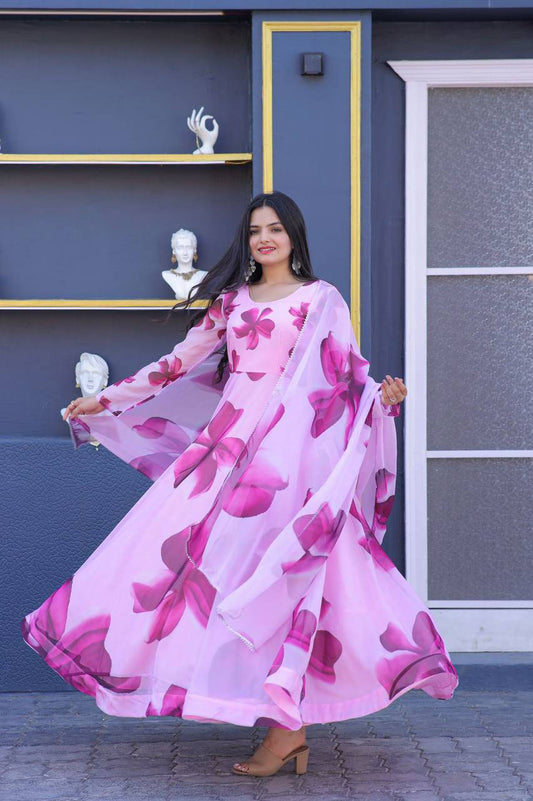 Enticing Tabby Silk Floral Printed Fully Stitched Gown With Dupatta - Ethnicwish