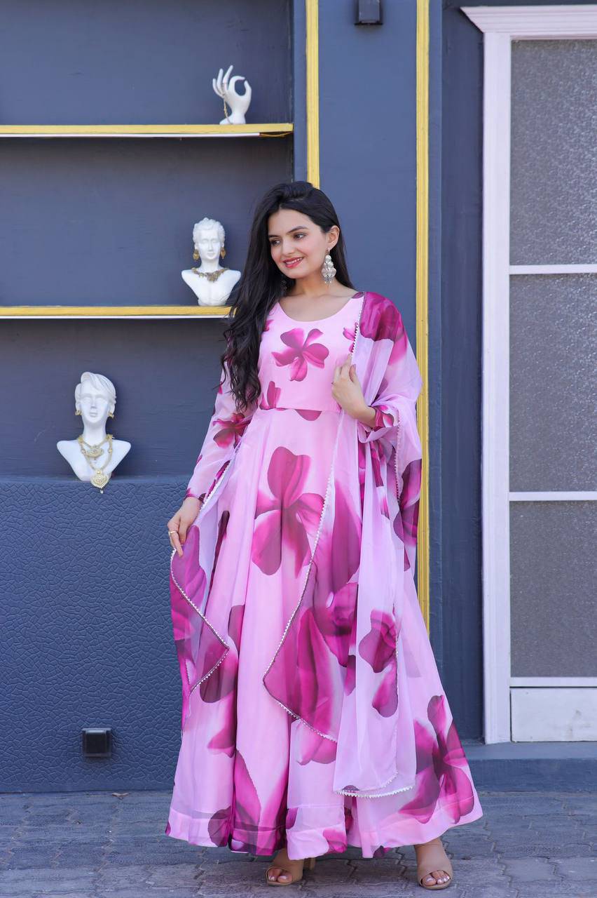 Enticing Tabby Silk Floral Printed Fully Stitched Gown With Dupatta - Ethnicwish