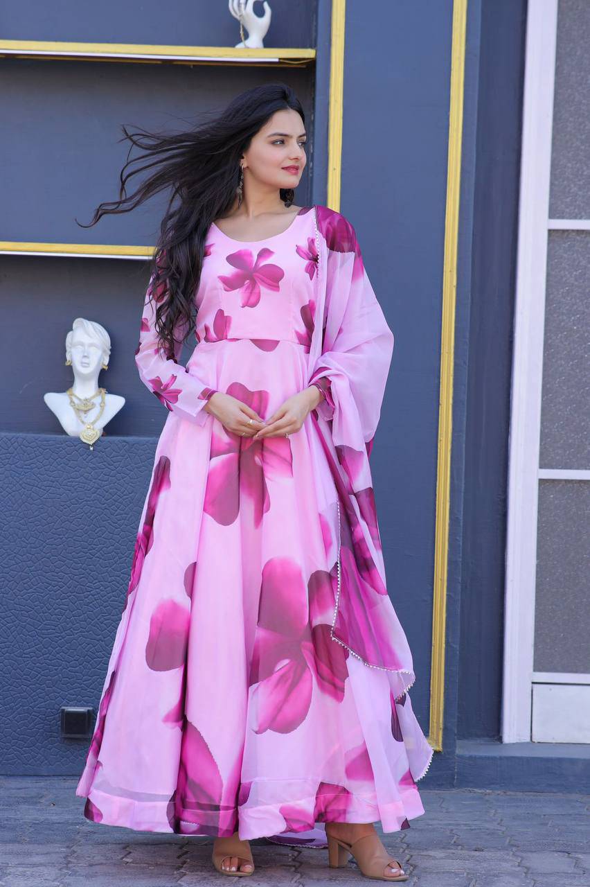 Enticing Tabby Silk Floral Printed Fully Stitched Gown With Dupatta - Ethnicwish