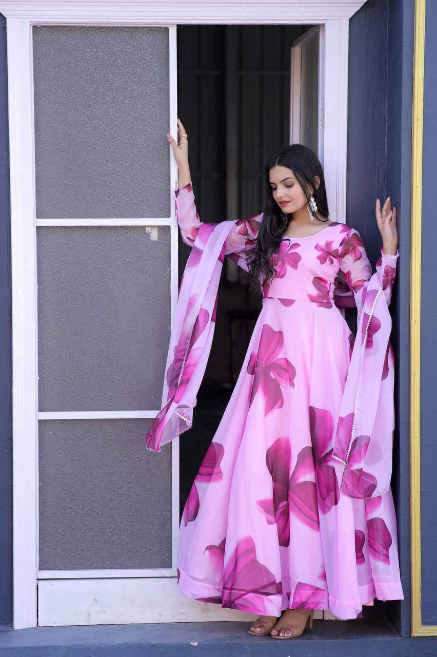 Enticing Tabby Silk Floral Printed Fully Stitched Gown With Dupatta - Ethnicwish