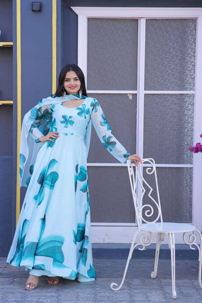 Enticing Tabby Silk Floral Printed Fully Stitched Gown With Dupatta - Ethnicwish