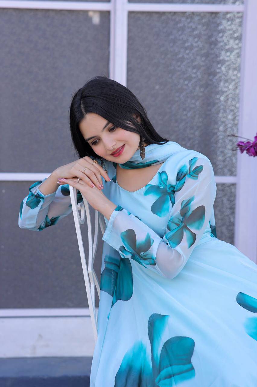 Enticing Tabby Silk Floral Printed Fully Stitched Gown With Dupatta - Ethnicwish