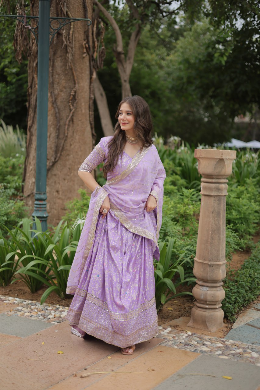 Lovely Viscous Jacquard Sequins Embroidered Lehenga Choli - Ethnicwish