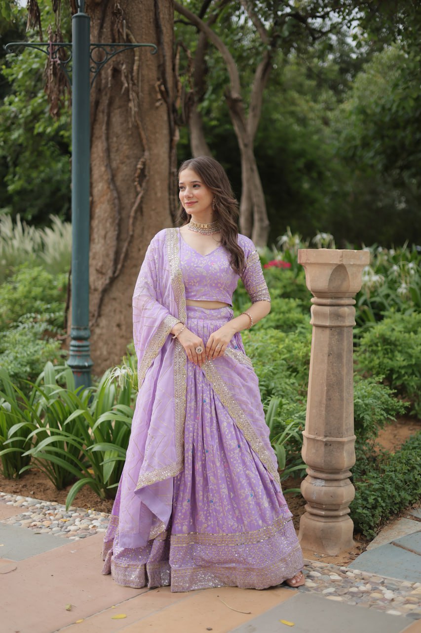Lovely Viscous Jacquard Sequins Embroidered Lehenga Choli - Ethnicwish