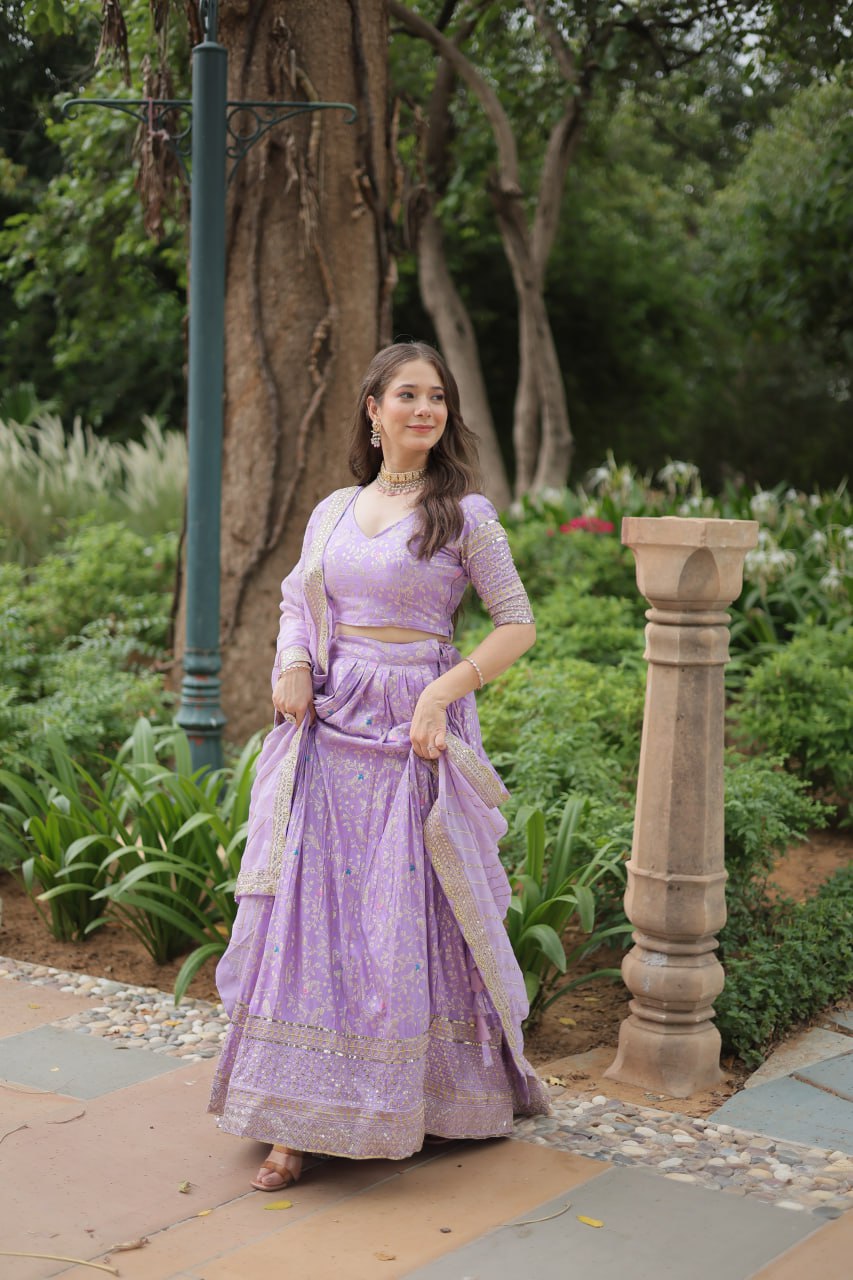 Lovely Viscous Jacquard Sequins Embroidered Lehenga Choli - Ethnicwish