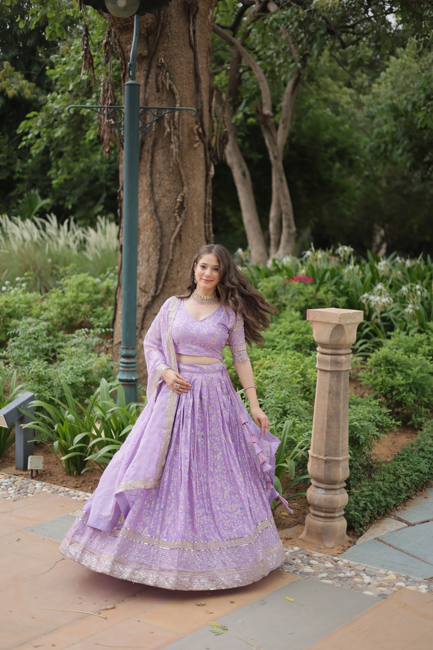 Lovely Viscous Jacquard Sequins Embroidered Lehenga Choli - Ethnicwish
