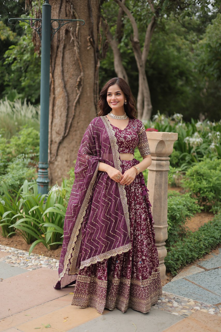 Lovely Viscous Jacquard Sequins Embroidered Lehenga Choli - Ethnicwish