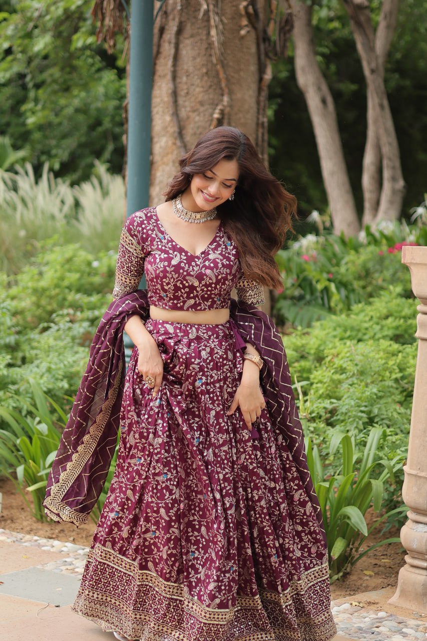 Lovely Viscous Jacquard Sequins Embroidered Lehenga Choli - Ethnicwish