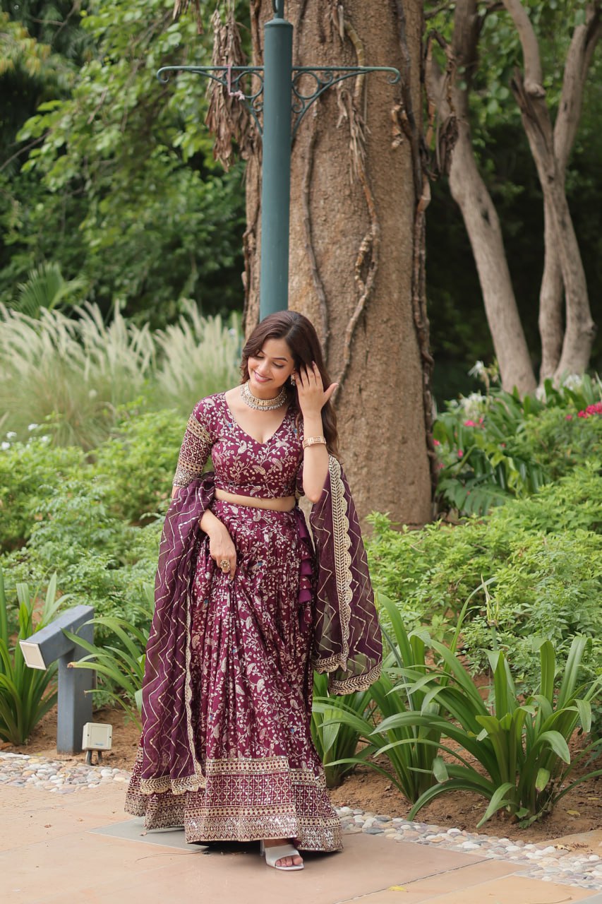 Lovely Viscous Jacquard Sequins Embroidered Lehenga Choli - Ethnicwish