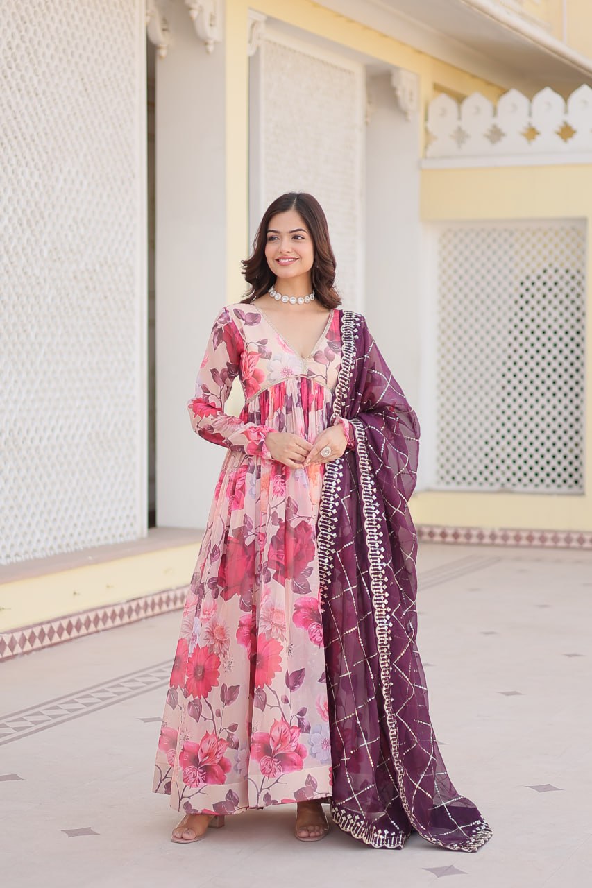 Captivating Russian Silk Floral Fully Stitched Designer Gown - Ethnicwish