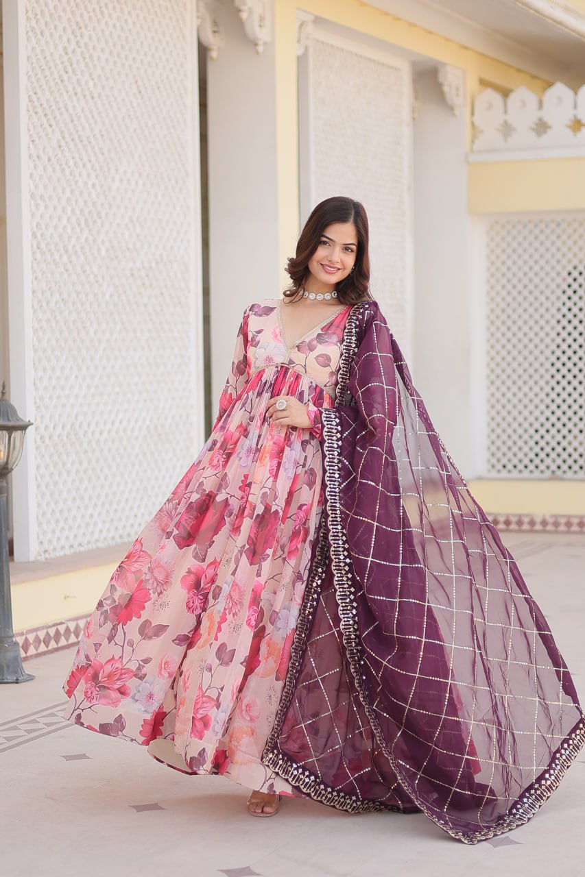 Captivating Russian Silk Floral Fully Stitched Designer Gown - Ethnicwish